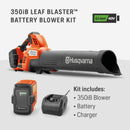 Husqvarna 970569904 Leaf Blasterâ„¢ 350iB 800-CFM 200-MPH 40V Battery Powered Cordless Leaf Blower, Battery and Charger Included